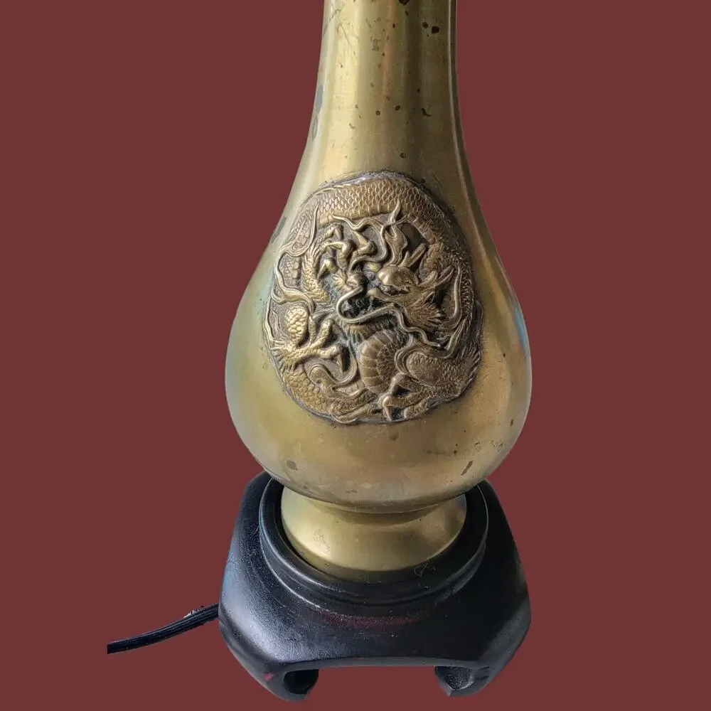 Vintage 1950s Chinoiserie Brass Dragon Baluster Vase Boudoir Lamp